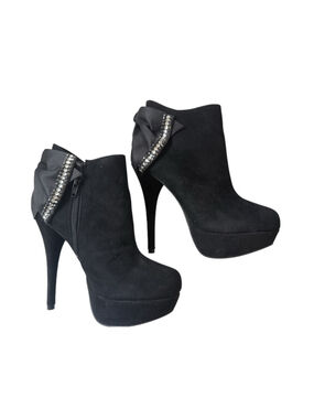 NWOT black faux suede high platform ankle boots satin rhinestone bow size 7